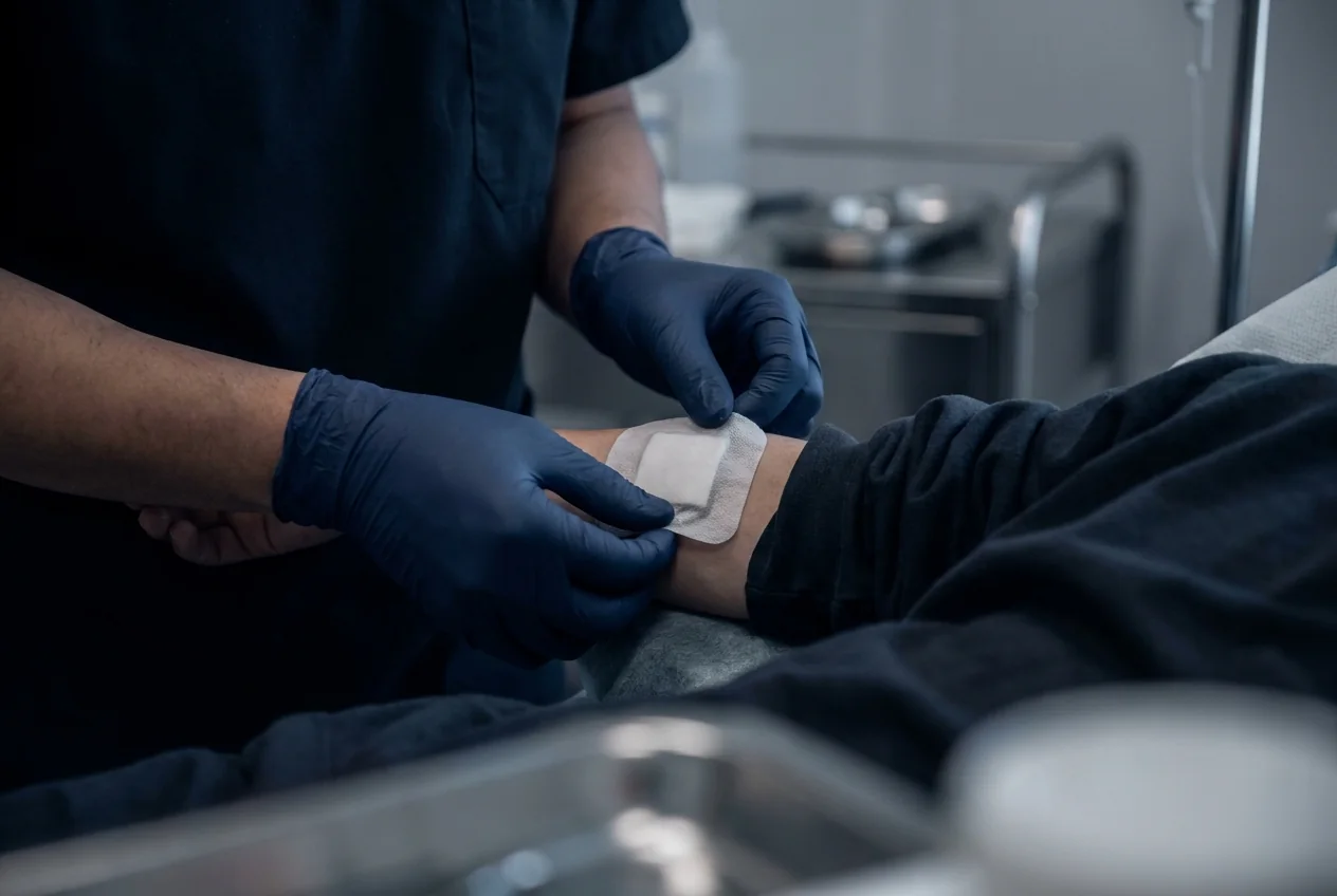 Clinician applying an advanced dressing